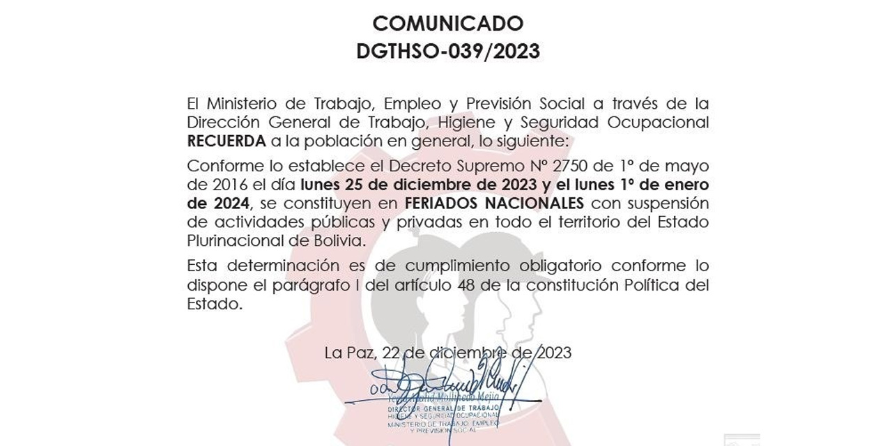 Trabajo confirma feriado nacional por Navidad y Año Nuevo para el 25 y 1 de enero de 2024
