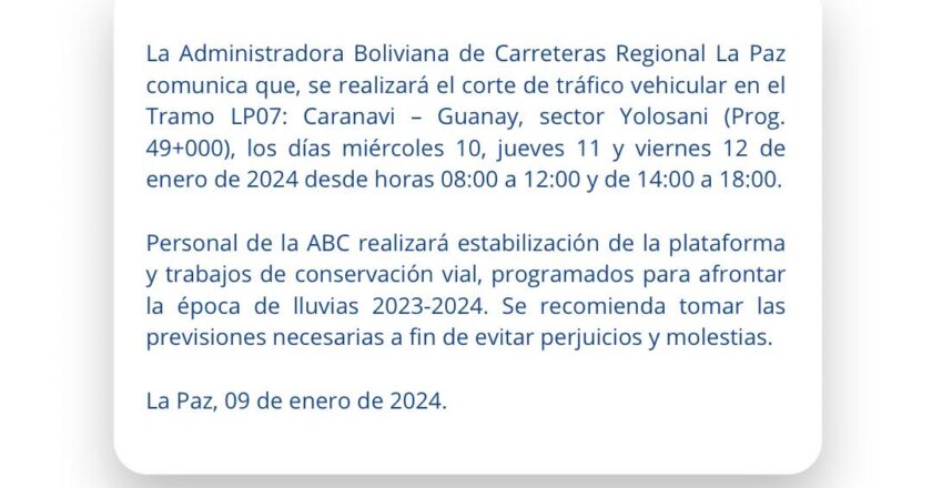 ABC anuncia corte de tráfico vehicular en el tramo Caranavi – Guanay por trabajos de estabilización