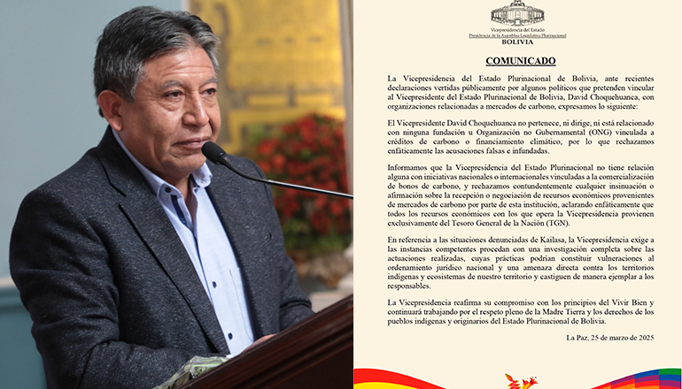 Vicepresidencia desmiente vínculos de Choquehuanca con organizaciones relacionadas a mercados de carbono