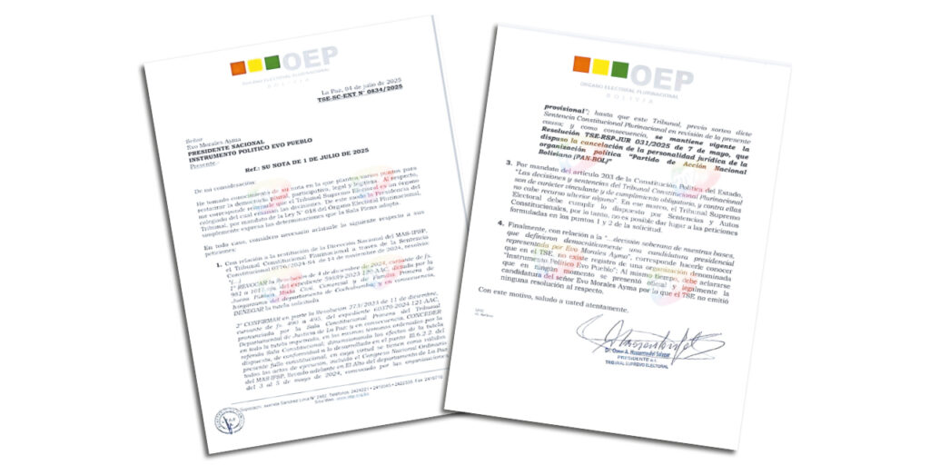 TSE rechaza las solicitudes de Evo Morales sobre sigla del MAS, PAN-BOL y candidatura presidencial