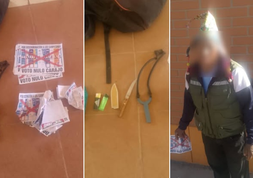 Hombre es aprehendido en Potosí por inducir al voto nulo portando un cuchillo y una resortera